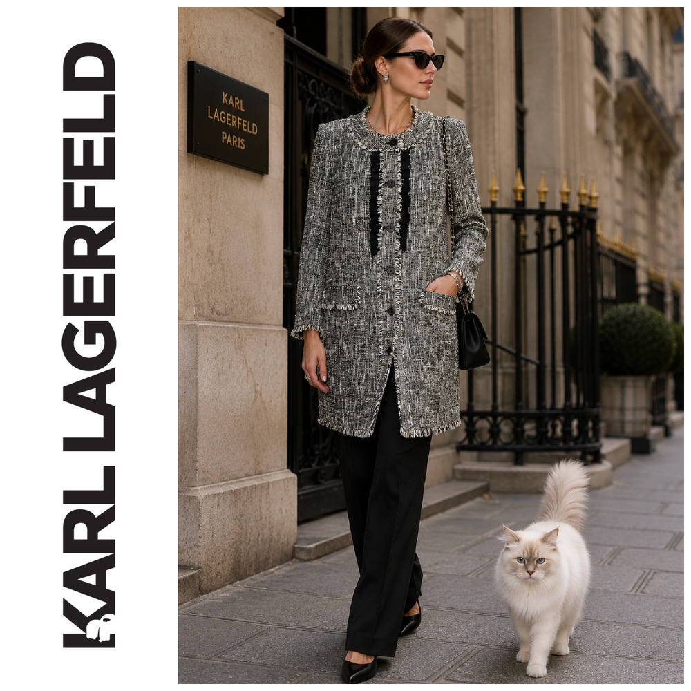 Karl Lagerfeld Paris Tweed Fringe Ruffle Car Coat Black White Women's M
